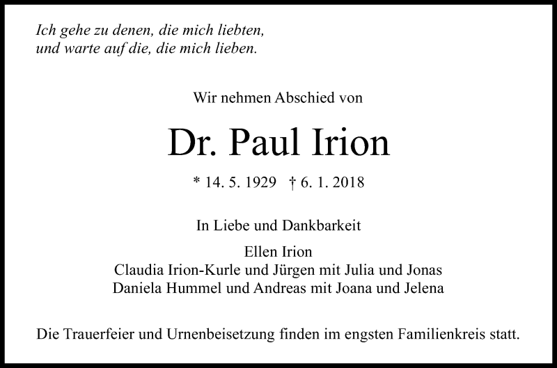  Traueranzeige für Paul Irion vom 09.01.2018 aus Reutlinger General-Anzeiger