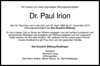 Anzeige von Paul Irion von Reutlinger General-Anzeiger