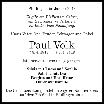Anzeige von Paul Volk von Reutlinger General-Anzeiger