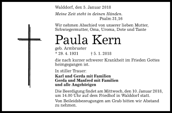 Anzeige von Paula Kern von Reutlinger General-Anzeiger