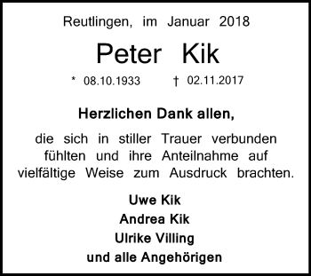 Anzeige von Peter Kik von Reutlinger General-Anzeiger