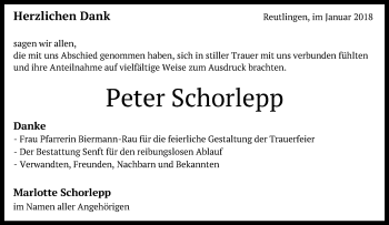 Anzeige von Peter Schorlepp von Reutlinger General-Anzeiger