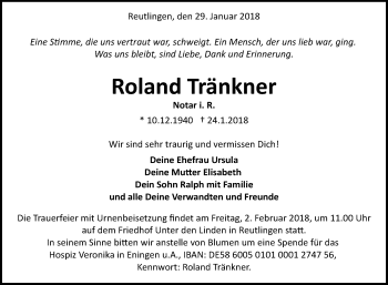 Anzeige von Roland Tränkner von Reutlinger General-Anzeiger