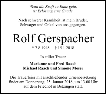Anzeige von Rolf Gerspacher von Reutlinger General-Anzeiger