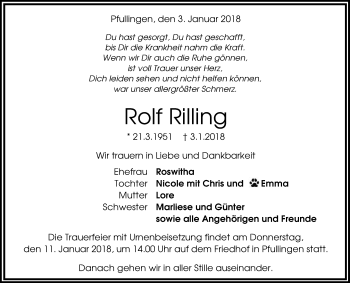 Anzeige von Rolf Rilling von Reutlinger General-Anzeiger