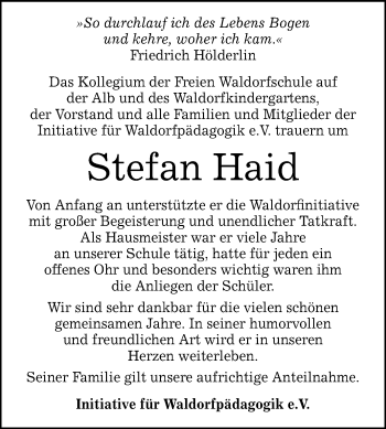 Anzeige von Stefan Haid von Reutlinger General-Anzeiger