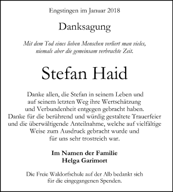 Anzeige von Stefan Haid von Reutlinger General-Anzeiger