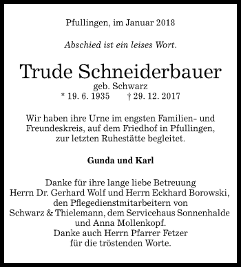 Anzeige von Trude Schneiderbauer von Reutlinger General-Anzeiger