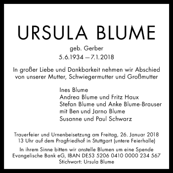 Anzeige von Urssula Blume von Reutlinger General-Anzeiger