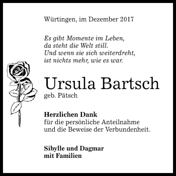 Anzeige von Ursula Bartsch von Reutlinger General-Anzeiger