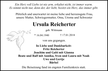 Anzeige von Ursula Reicherter von Reutlinger General-Anzeiger