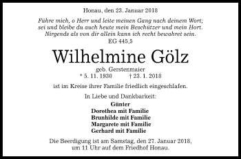 Anzeige von Wilhelmine Gölz von Reutlinger General-Anzeiger