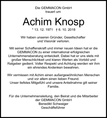 Anzeige von Achim Knosp von Reutlinger General-Anzeiger