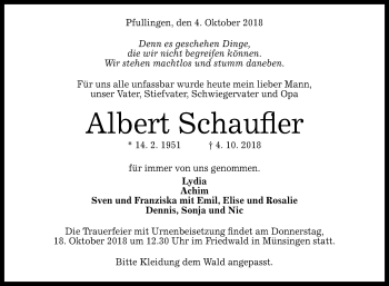 Anzeige von Albert Schaufler von Reutlinger General-Anzeiger