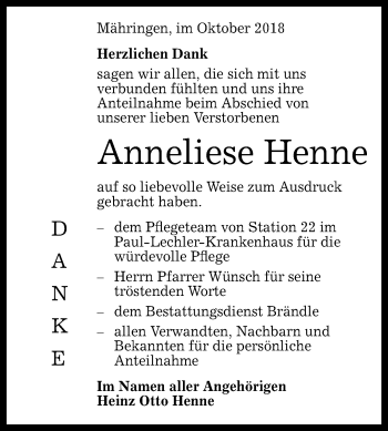 Anzeige von Anneliese Henne von Reutlinger General-Anzeiger