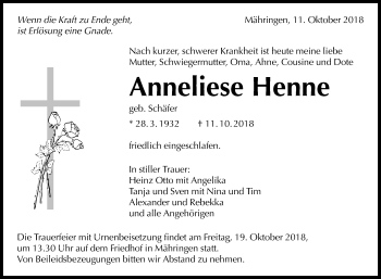 Anzeige von Anneliese Henne von Reutlinger General-Anzeiger