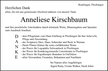 Anzeige von Anneliese Kirschbaum von Reutlinger General-Anzeiger