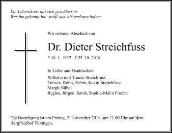 Anzeige von Dieter Streichfuss von Reutlinger General-Anzeiger