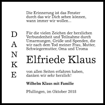 Anzeige von Elfriede Klaus von Reutlinger General-Anzeiger