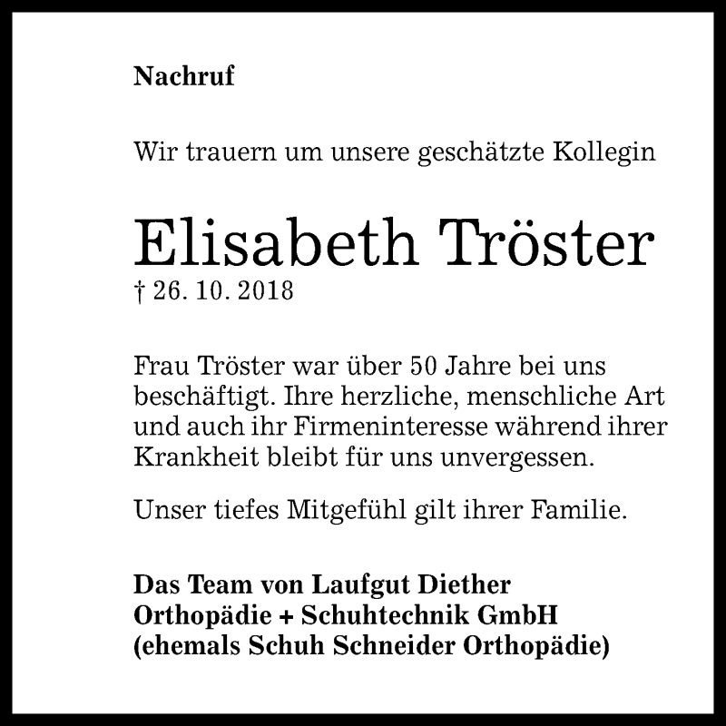  Traueranzeige für Elisabeth Tröster vom 31.10.2018 aus Reutlinger General-Anzeiger