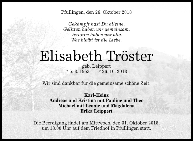  Traueranzeige für Elisabeth Tröster vom 29.10.2018 aus Reutlinger General-Anzeiger
