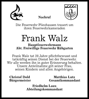 Anzeige von Frank Walz von Reutlinger General-Anzeiger