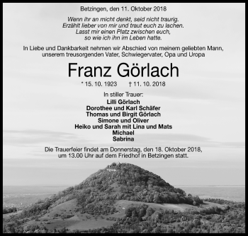 Anzeige von Franz Görlach von Reutlinger General-Anzeiger