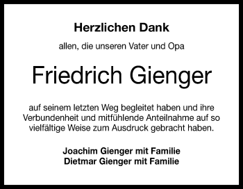 Anzeige von Friedrich Gienger von Reutlinger General-Anzeiger