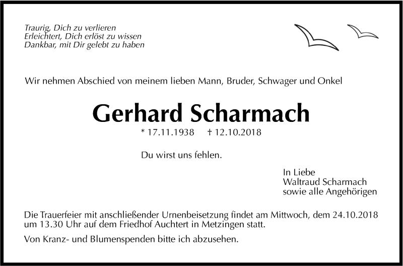  Traueranzeige für Gerhard Scharmach vom 20.10.2018 aus Reutlinger General-Anzeiger