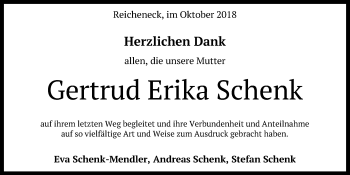 Anzeige von Gertrud Erika Schenk von Reutlinger General-Anzeiger