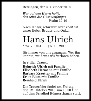 Anzeige von Hans Ulrich von Reutlinger General-Anzeiger