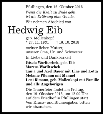 Anzeige von Hedwig Eib von Reutlinger General-Anzeiger