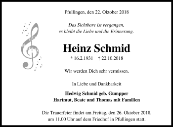Anzeige von Heinz Schmid von Reutlinger General-Anzeiger