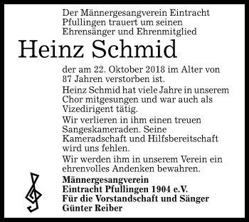 Anzeige von Heinz Schmid von Reutlinger General-Anzeiger