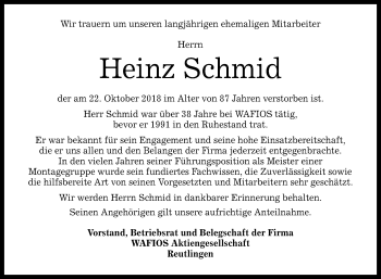 Anzeige von Heinz Schmid von Reutlinger General-Anzeiger