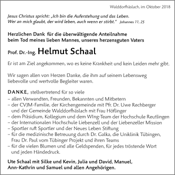 Anzeige von Helmut Schaal von Reutlinger General-Anzeiger