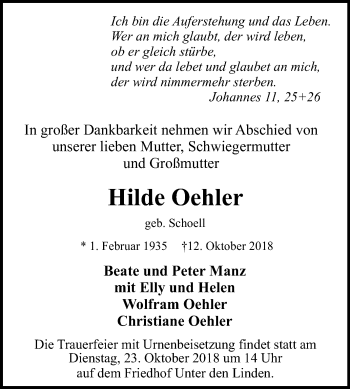 Anzeige von Hilde Oehler von Reutlinger General-Anzeiger