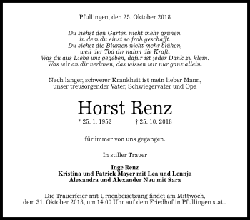 Anzeige von Horst Renz von Reutlinger General-Anzeiger