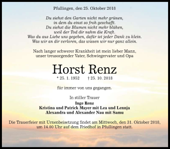 Anzeige von Horst Renz von Reutlinger General-Anzeiger