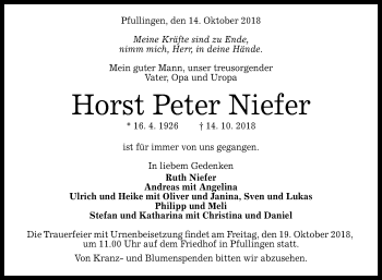 Anzeige von Horst Peter Niefer von Reutlinger General-Anzeiger