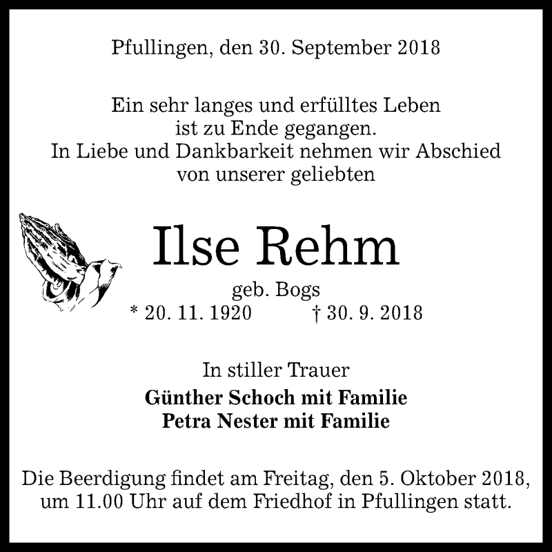  Traueranzeige für Ilse Rehm vom 02.10.2018 aus Reutlinger General-Anzeiger