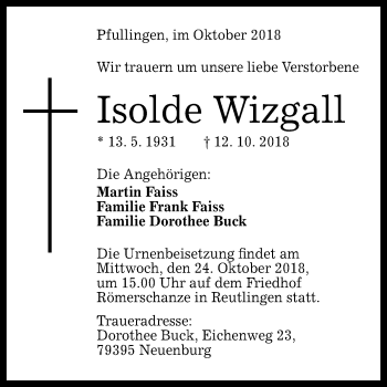 Anzeige von Isolde Wizgall von Reutlinger General-Anzeiger