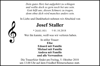 Anzeige von Josef Staller von Reutlinger General-Anzeiger