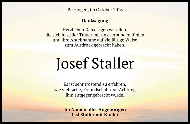  Traueranzeige für Josef Staller vom 13.10.2018 aus Reutlinger General-Anzeiger