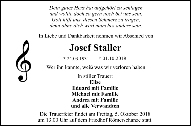  Traueranzeige für Josef Staller vom 04.10.2018 aus Reutlinger General-Anzeiger