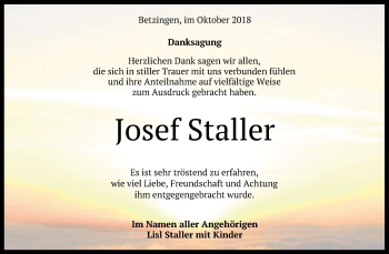 Anzeige von Josef Staller von Reutlinger General-Anzeiger