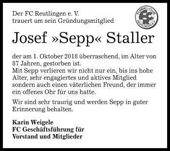 Anzeige von Josef Sepp Staller von Reutlinger General-Anzeiger