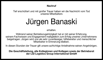 Anzeige von Jürgen Banaski von Reutlinger General-Anzeiger
