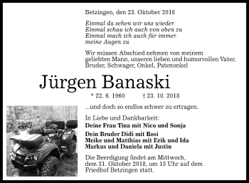 Anzeige von Jürgen Banaski von Reutlinger General-Anzeiger