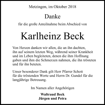 Anzeige von Karlheinz Beck von Reutlinger General-Anzeiger